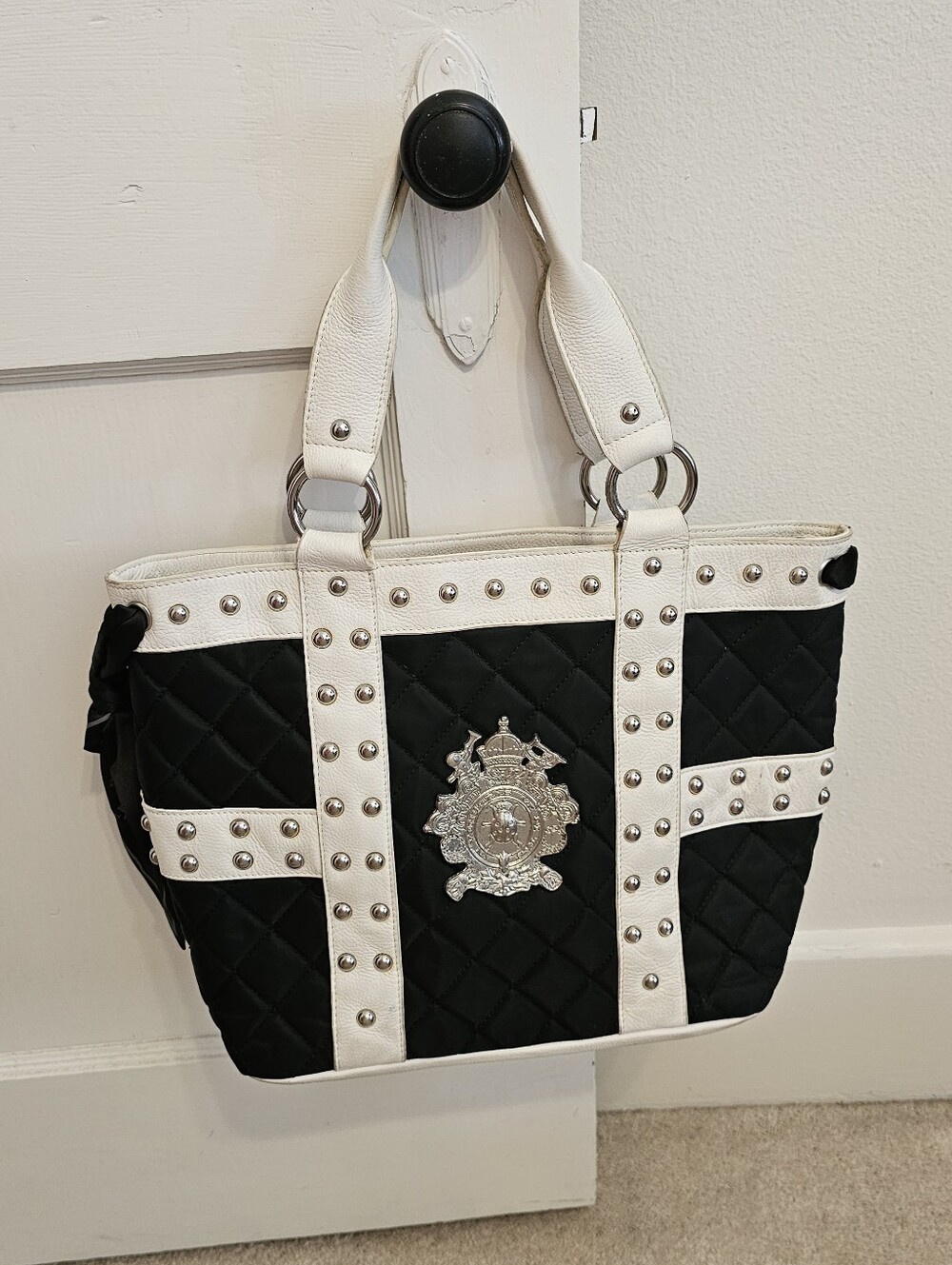 My Flat in London Quilted Studded Tote Bag Medium Magnetic Closure Pink Lining.